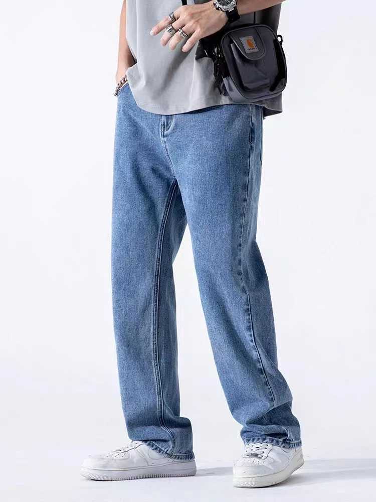 Spring Autumn Mens Jeans Straight Denim Pants Banding Waist Cotton Streetwear Wide Leg Loose Casual Blue Long Jeans Trousers D260320