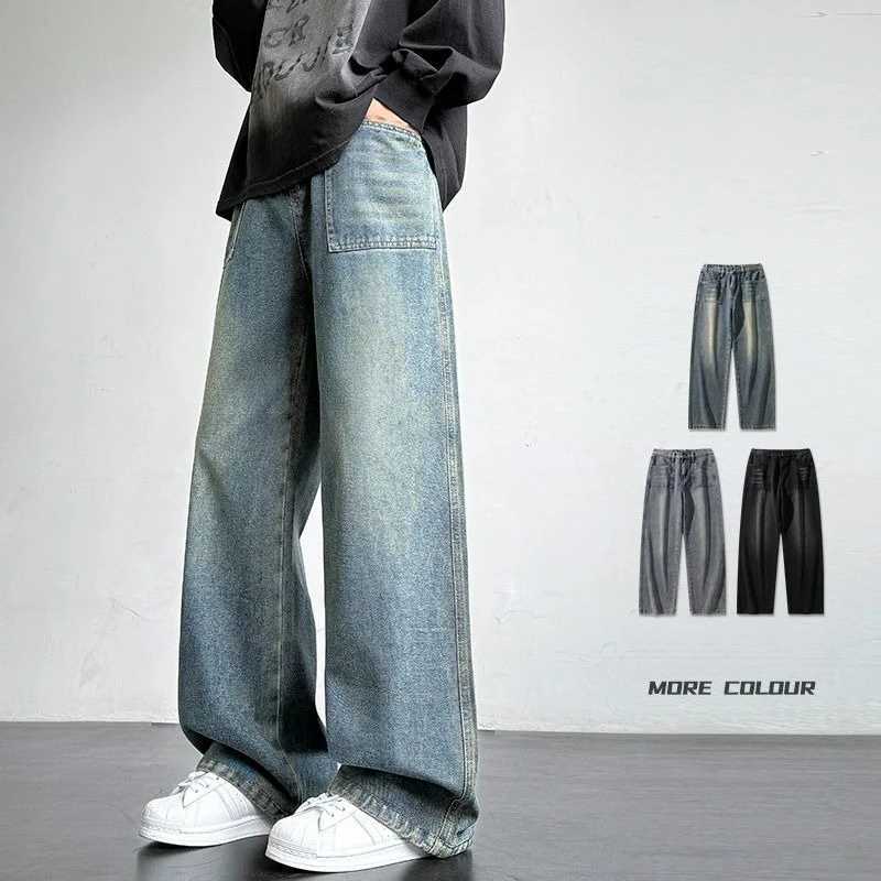 Autumn Mens Jeans Loose Straight Vintage Korean Fashion Wide-leg Casual Trousers Streetwear Male Denim Pants Fleece Plush D260320