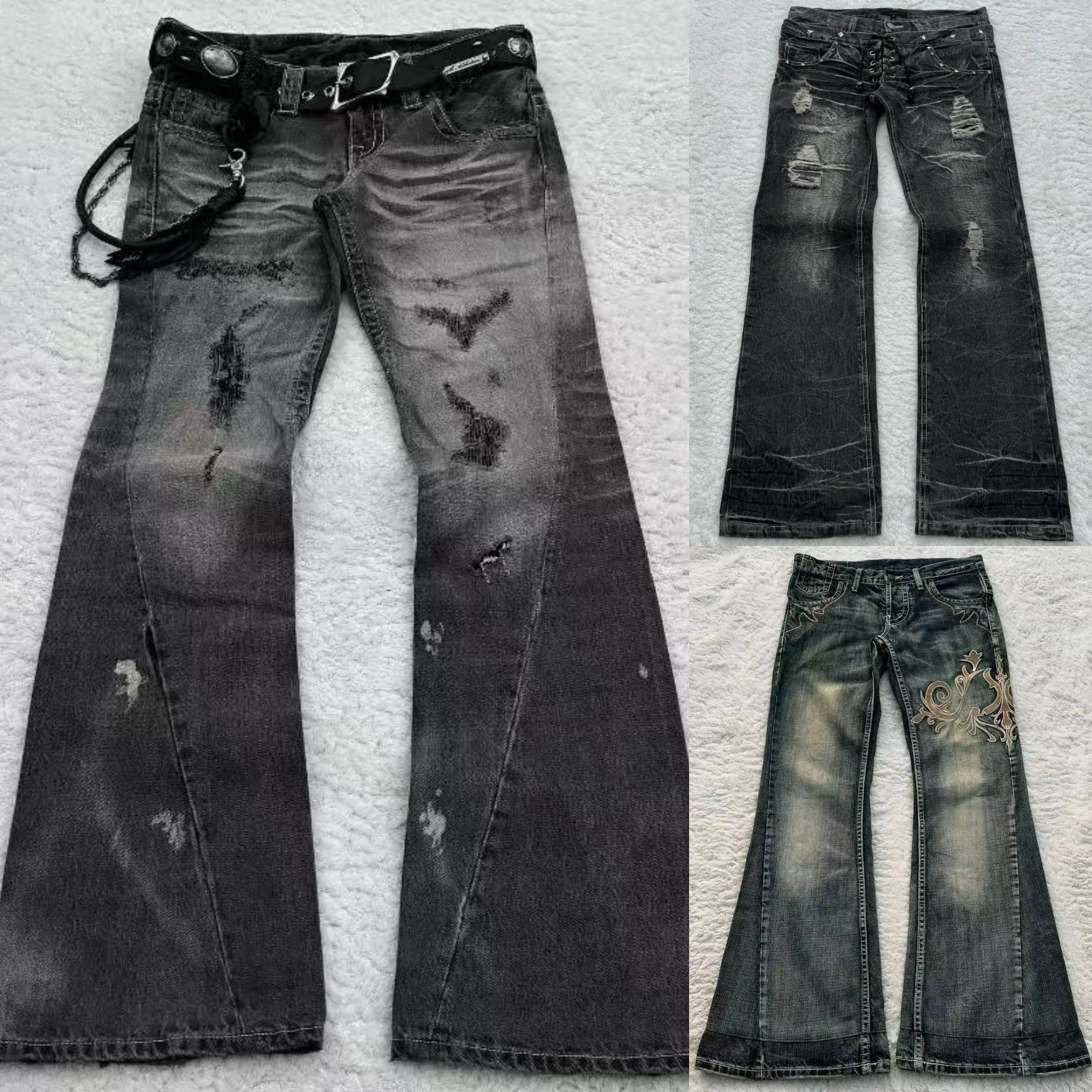 Men's Y2K Gothic Retro Double Waisted Flared Jeans Washed Black Distressed Denim Pants Unisex Streetwear High Waist Micro Flare Vintage Punk Hip 