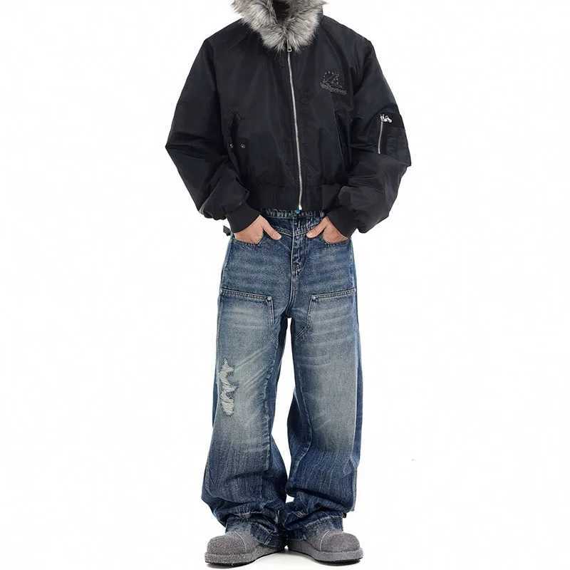 Korean Version Hip-Hop Wide Leg Pants MenS Jeans Wavy Holes Blue Jeans Spliced Straight Leg Casual Pants D260320