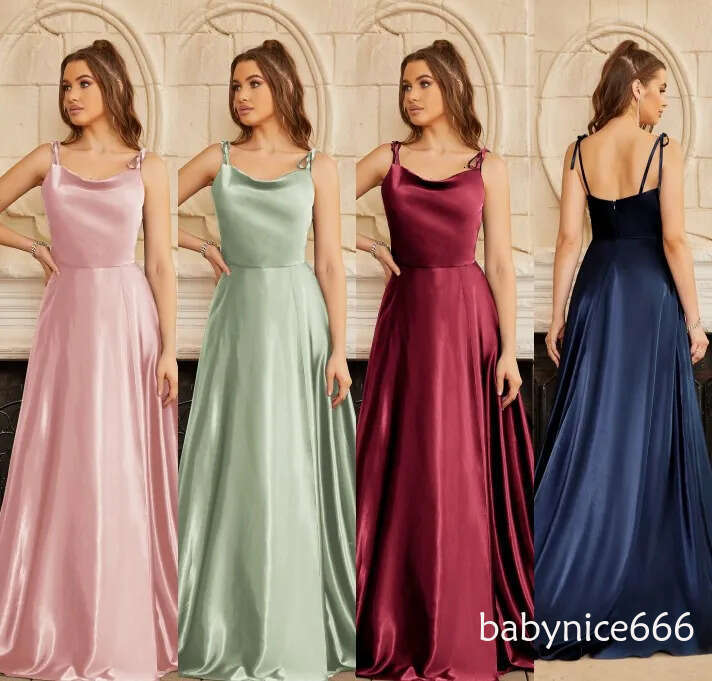 BABYONLINE Simple Soft Sliky Satin Bridesmaid Dresses Spaghetti Neckline Leg Slit and Flowing A-line maxi Evening Prom Gowns CPS3025