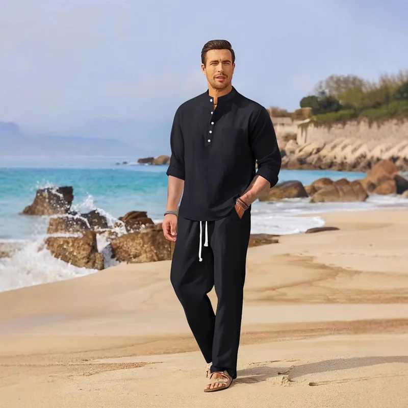 Mens Lightweight Shirt And Cotton Hemp Pants Set Stand-up Collar Button PoCKet Summer Casual Long SLeeve M260320