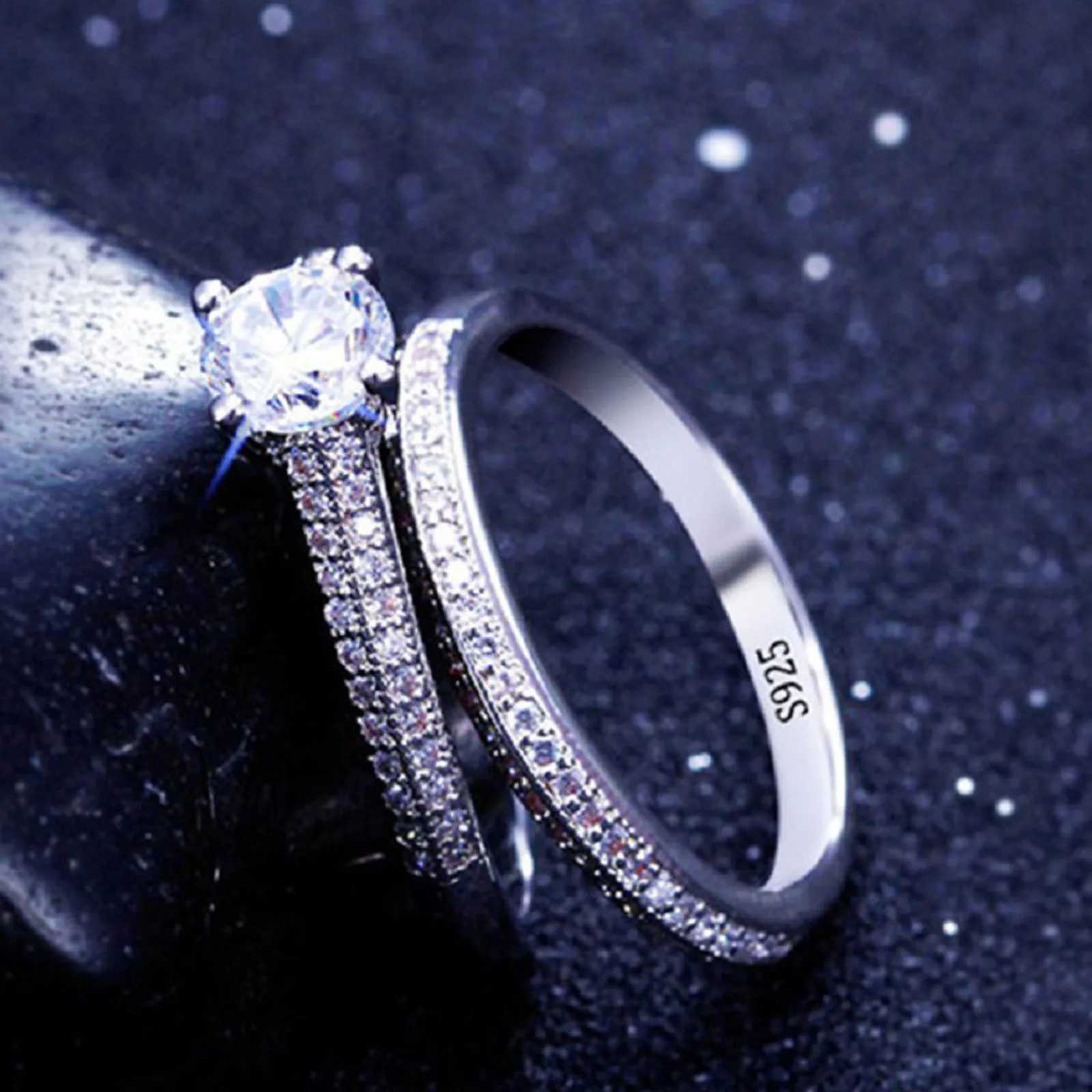 1 pair Vintage Halo 925 Sterling Silver Wedding Ring Set For Women Lady Anniversary Gift Jewelry Bulk Sell H260320 - view 5