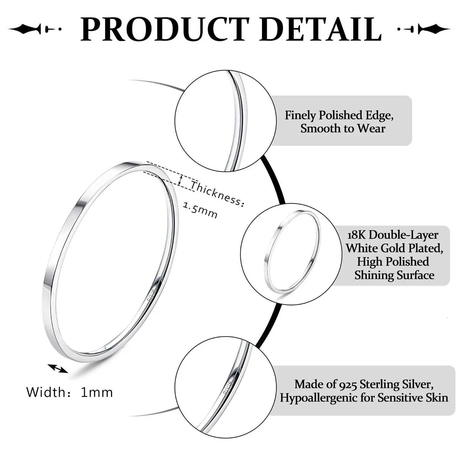 Fansilver S925 Sterling Silver Rings for Women Men 18K White Gold Plated Stackable Statement Thin Plain Thumb Ring Wedding Bands H260320 - view 5