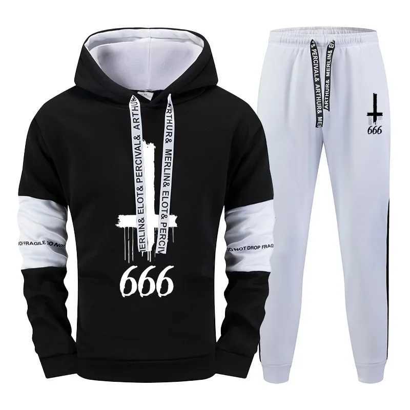 Mens Hooded Sweatshirts Sweatpants Satan Inverted Cross Hoodies Streetwear Male Autumn Winter Daily Casual Sports Jogging Suit M260320