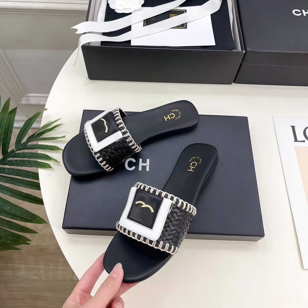 2026 Designer Sandals Luxury cc sandals Slides Women Braided Genuine Leather Women's Anti-Slip Flat Shoes Flat Sandals Casual Beach Outdoor Slippers