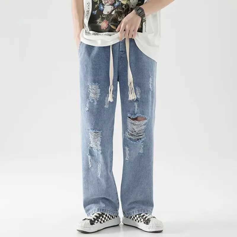 Men Summer Trend Ripped Wide Leg Loose Straight Jeans American Style High Street Male Casual Elastic Waist Ankle Length Pants D260320