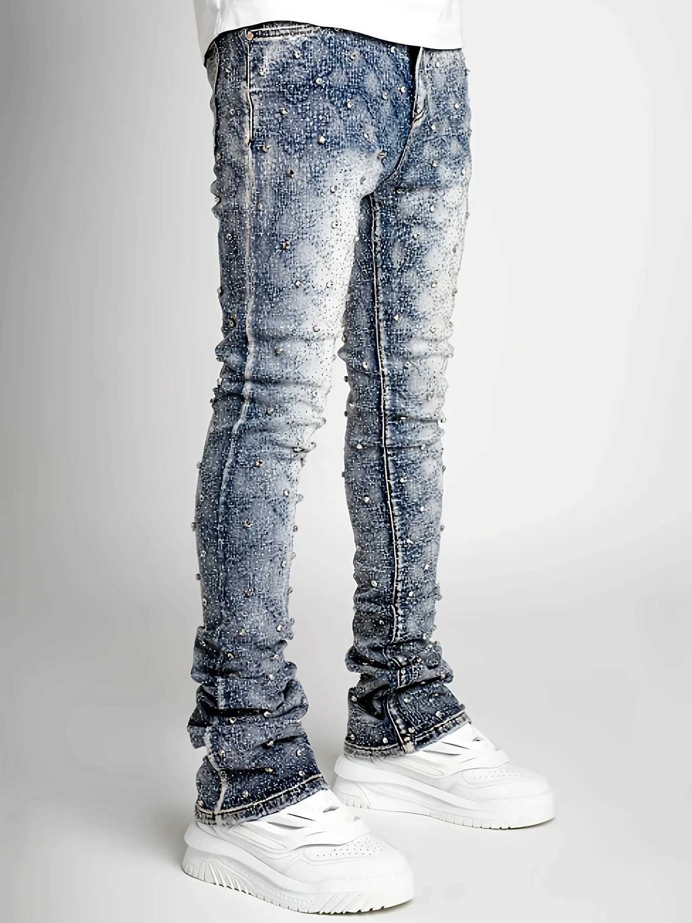 Mens denim fashion personality straight leg mens pants European and American fashion Instagram hot item elastic pearl denim la D260320