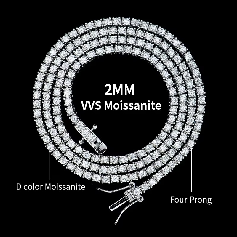 RTS 2 mm to 5 mm VVS Moissanite Tennis Chains Bracelet Fine Jewelry Necklace Silver Moissanite Chains for Men Women