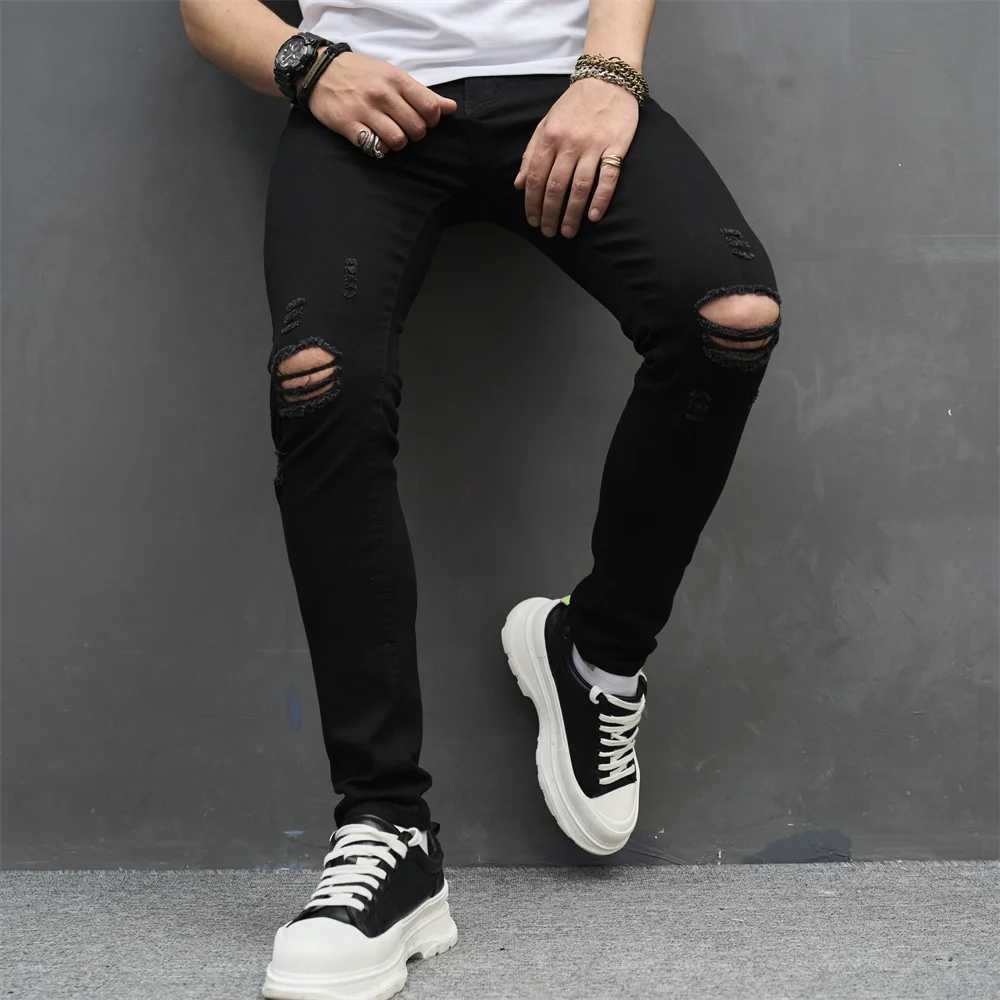 Men Simple Solid Holes High Street Stretch Skinny Jeans Pants Male Distressed Slim Pencil Jogging Denim Trousers D260320
