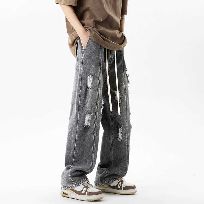 Harajuku Ripped Jeans Mens Streetwear Loose Straight Vintage Y2k Pants Drawstring Casual Hole Personality Denim Trousers D260320