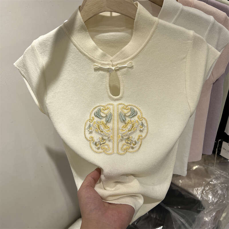 New Chinese-Style Embroidered Knitted T-Shirt Women, Summer Design With Flutter Sleeves, Unique Top For Petite Figures
