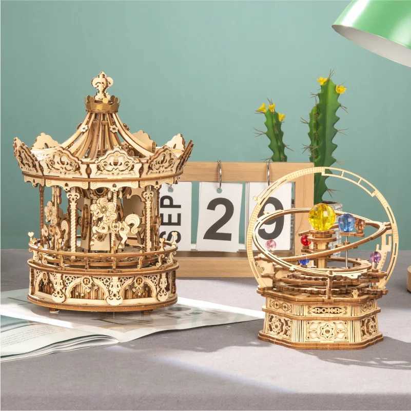 Robotime 3D Wooden Puzzle 336pcs Rotatable DIY Romantic Carousel Game Gift for Children Kids Adult AMK62 Assembly Music Box Toy Y260319