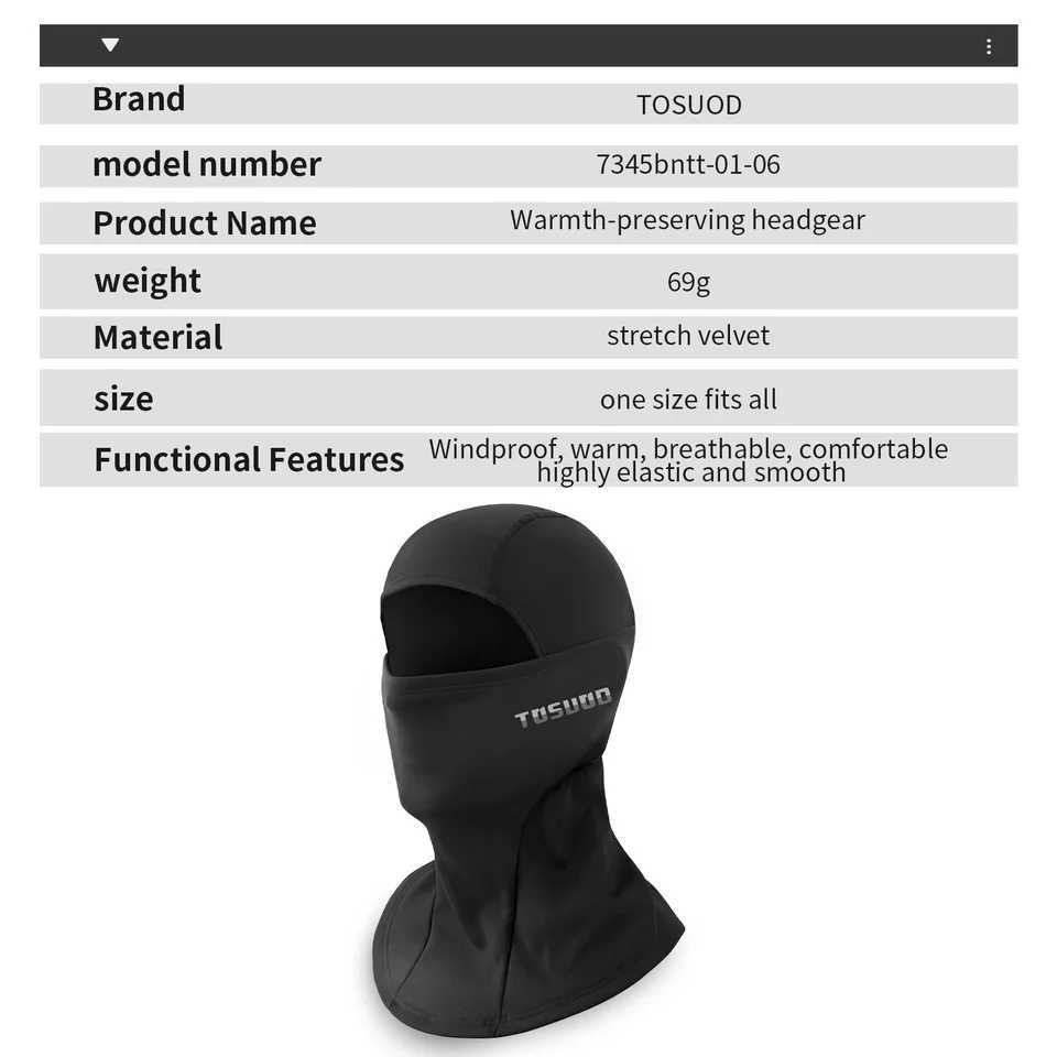 TOSUOD Autumn and winter cycling ski gear motorcycle with velvet full face windproof face mask warm scarf for men and women M260320
