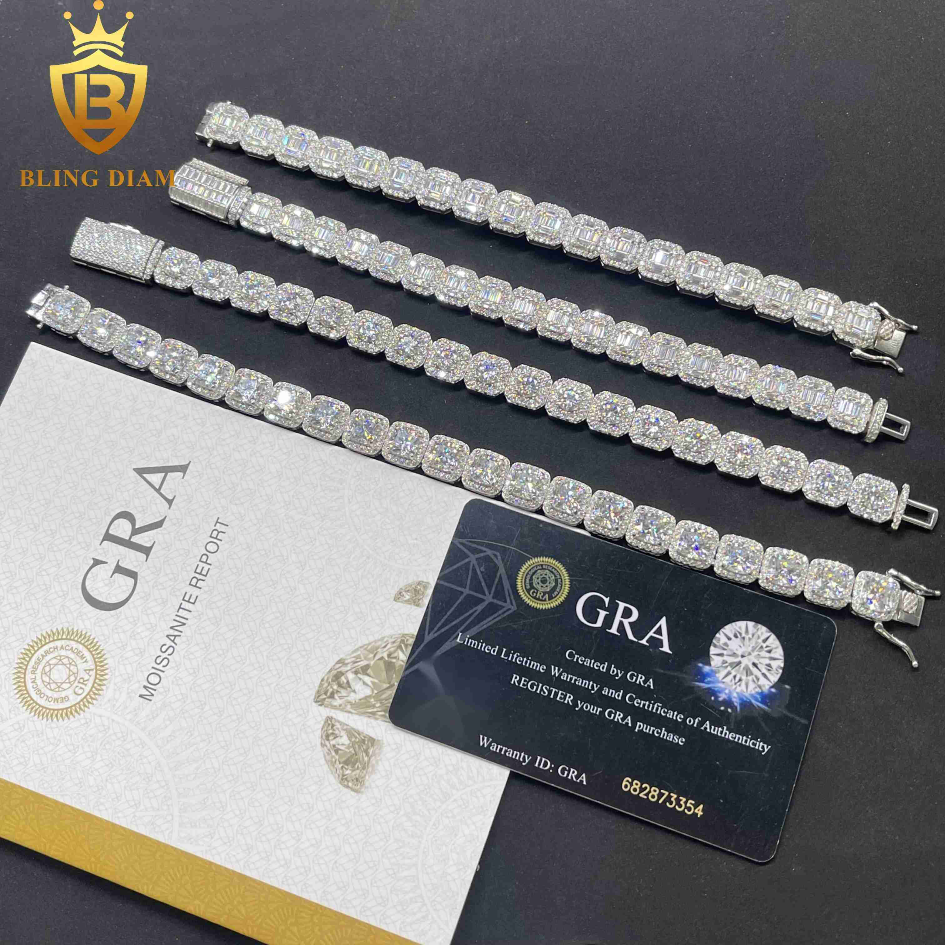 Cluster Iced Out Tennis Chains Baguette Hip Hop Jewelry 925 Silver Vvs Moissanite Gra Certificate Square Bracelet