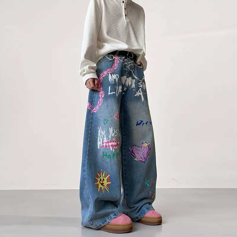 American Retro Graffiti Print Loose High Waist Mens Jeans Autumn Winter Korean Style Floor-Length Causal Trousers Wide Leg Pant D260320