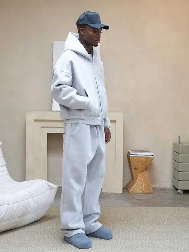 Korean Fashion Solid Color Sweatshirt Fleece Two-Piece Mens Y2K New Harajuku Casual Joker Straight Pants Couple Street Wear M260320