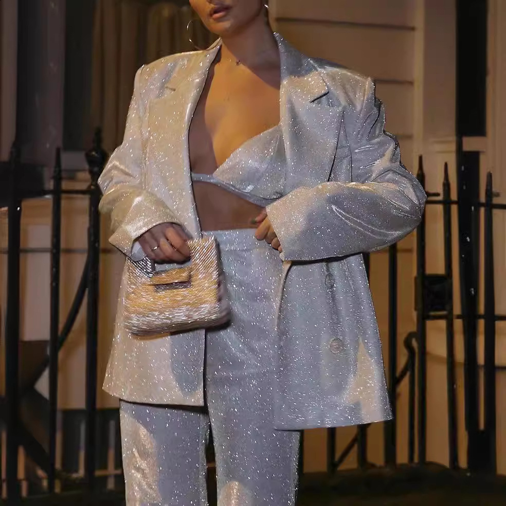 Tossy Glitter Silver Party Two Piece Pants Set Women Club Night Outfits Fashion Sparkly Blazer Matching Sets Femme Tracksuit 240407
