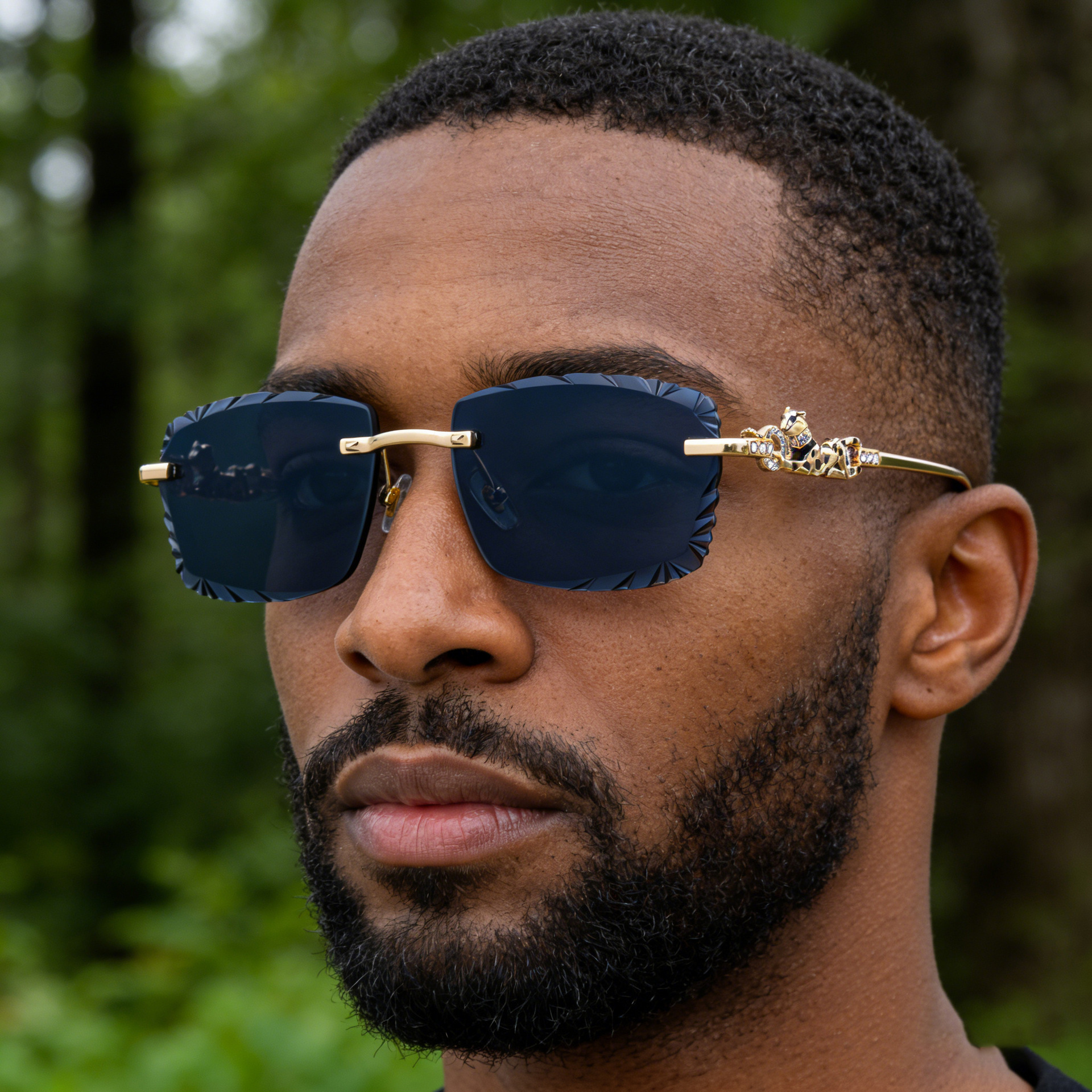 Luxury Brand Designer Jewelry 2026 New European And American Fashion Square Frameless Sunglasses For Men Leopard Trend Diamond Cut Edge With Rhineston