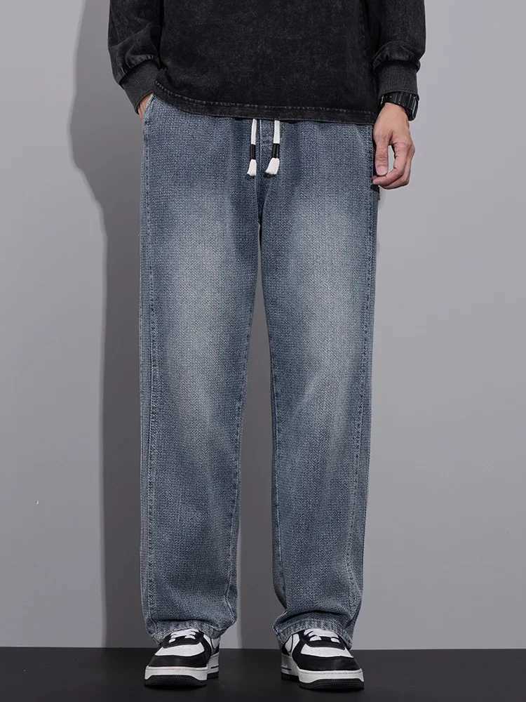 Spring Baggy Wide Leg Jeans Mens Elastic Waist Textured Fabric Jogging Pants Fashion Korean Streetwear Casual Loose Trousers D260320