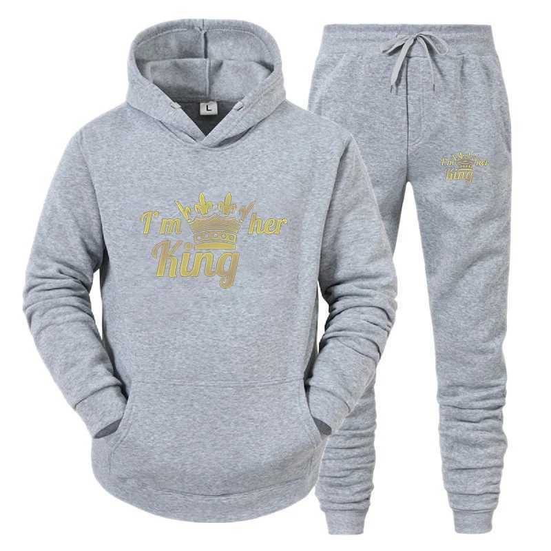 Fashion Long Sleeves KING And QUEEN Printed Hooded Suits Autumn Winter Couple Hoodie Pants 2-Piece Suit M260320