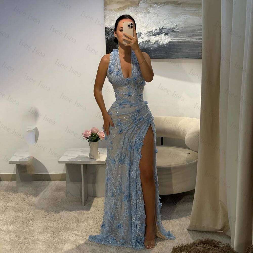 Green Evening Halter Neck Appliques 3D Flower Pleat Beading Prom Gown Split Mermaid Birthday Dresses 2026 Customized