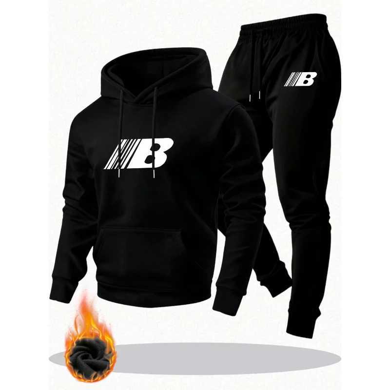 MenS Warm Two-Piece Set - Cozy Hoodie Joggers with Print Casual Long Pants Perfect for Fall/Winter M260320