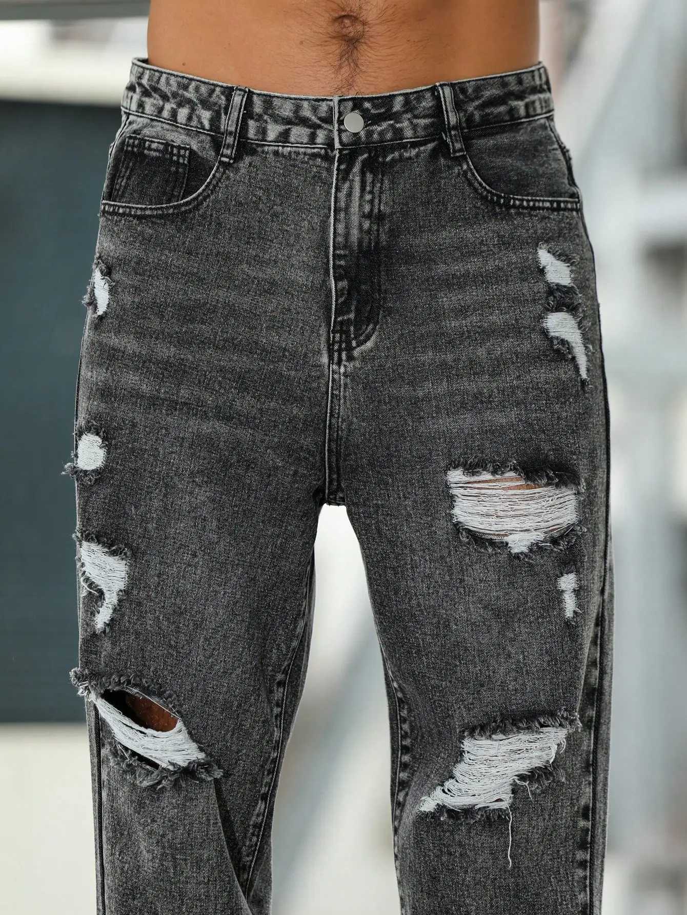 Mens ripped jeans for spring and autumn dark gray harem pants Street style Casual trend D260320
