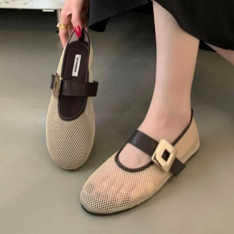 Mesh Breathable Ballet Flats Women Metal Belt Buckle Round Toe Shallow Comfy Beach Shoes Female Fashion Mary Jane Shoes H260512