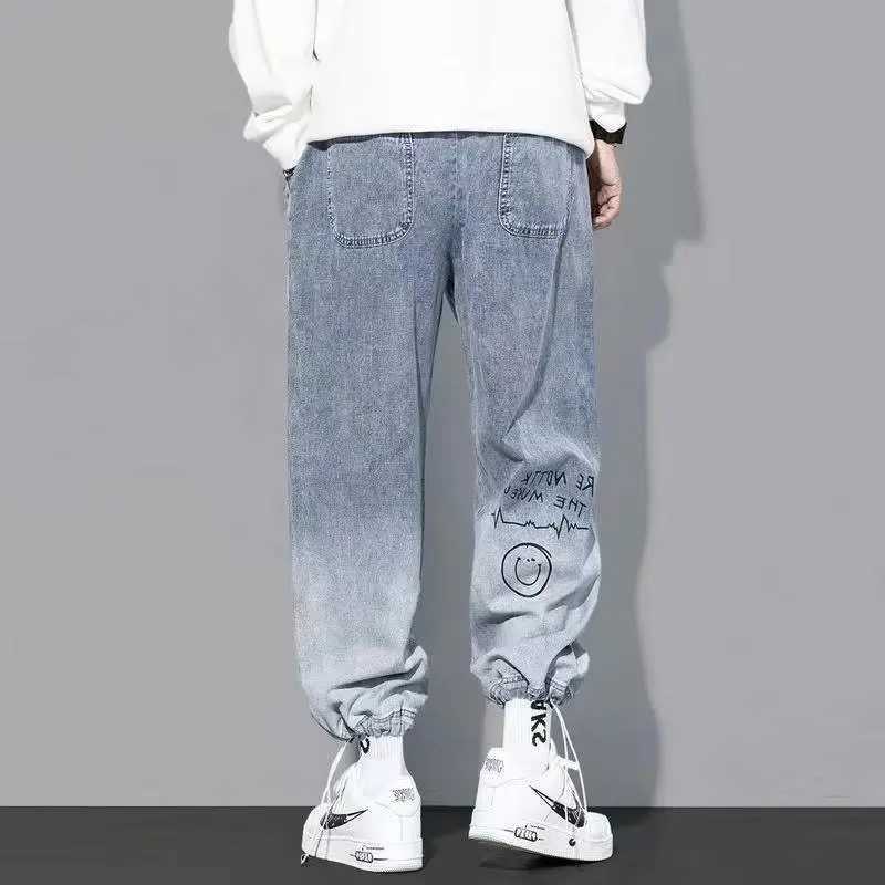 Korean Clothing Men Letter Printed Jeans High Waisted Baggy Jeans Cartoon Graffiti Hip-Hop Pants Blue Jeans D260320