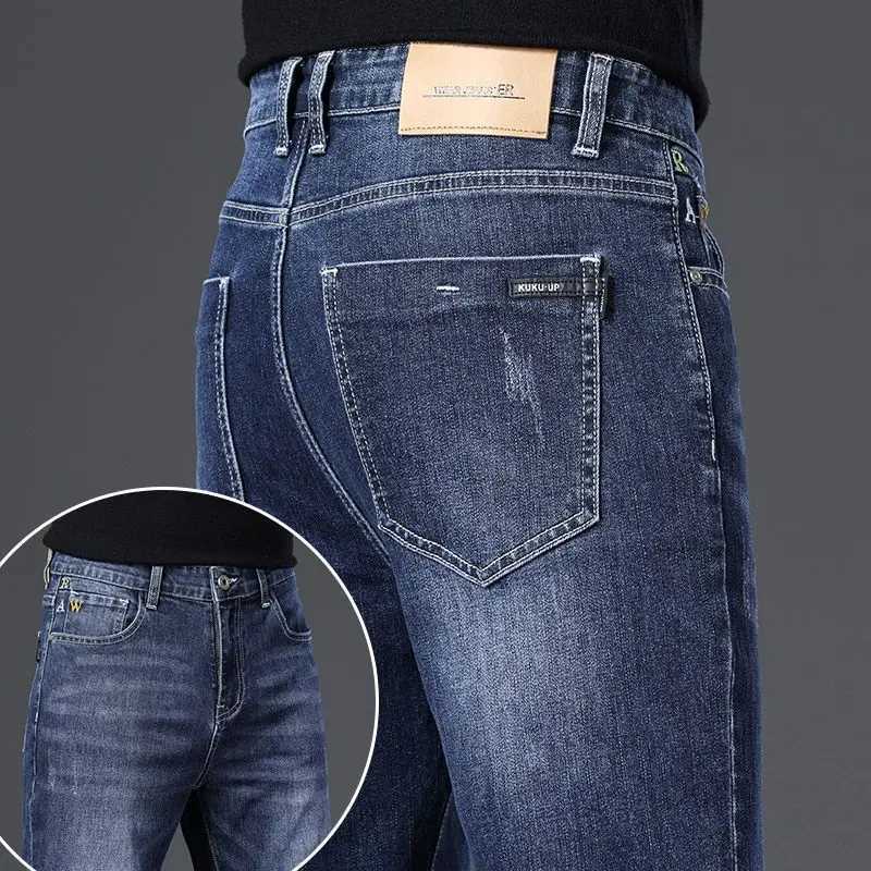 Male Smart Casual Jeans Stretchy Sports Mens Korean Solid Trousers Autumn Winter Full Length Straight Office Work Denim Pants D260320