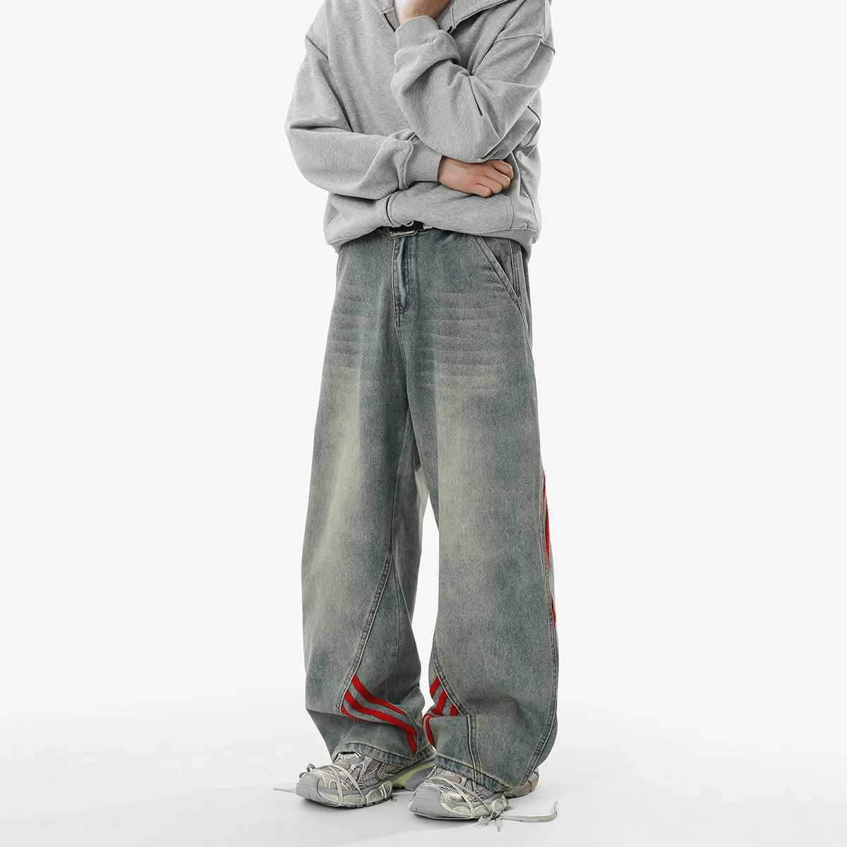 REBELOASIS American retro baggy wide leg jeans for men and women loose casual striped washed long pants D260320