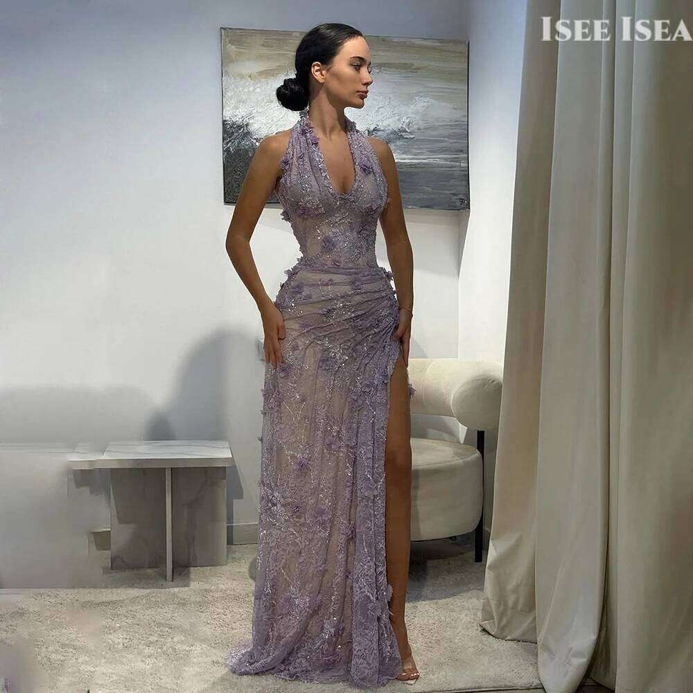 Green Evening Halter Neck Appliques 3D Flower Pleat Beading Prom Gown Split Mermaid Birthday Dresses 2026 Customized