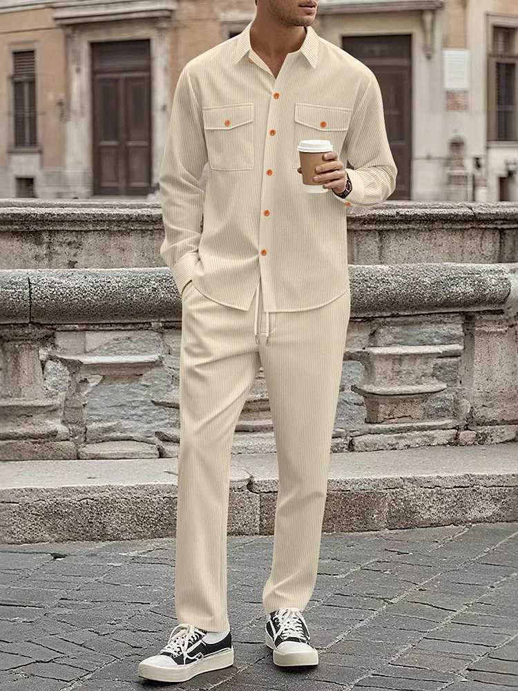 Cross border winter new mens European and American corduroy casual suit workwear style long sleeved shirt long pants two-piece M260320