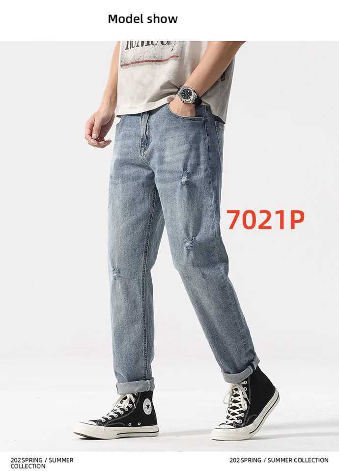 New mens light blue washed denim jeans are casual loose and personalized worn denim pants are easy to match for daily use D260320