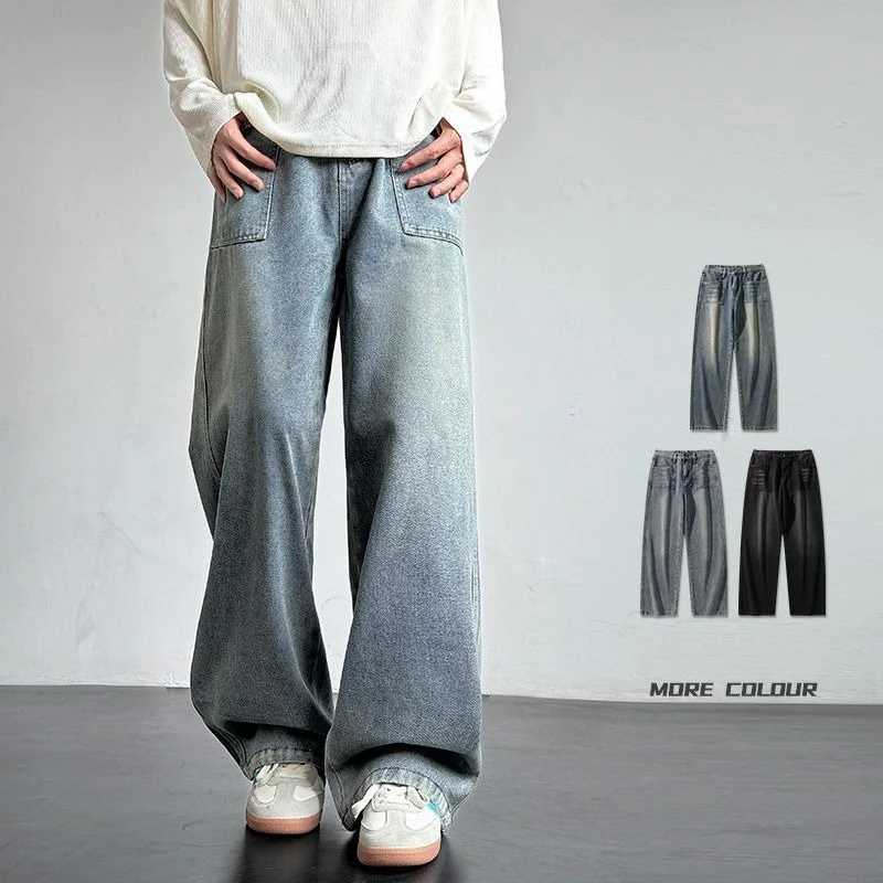Autumn Mens Jeans Loose Straight Vintage Korean Fashion Wide-leg Casual Trousers Streetwear Male Denim Pants Fleece Plush D260320