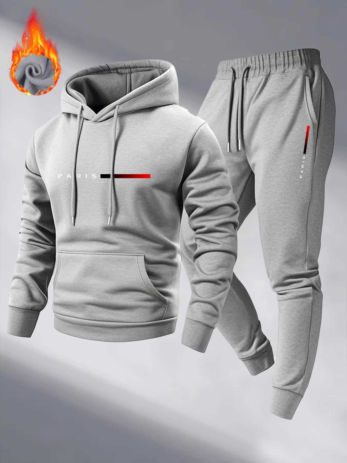 Paris Print Fashion Mens Hooded TraCKsuit 2pcs Set Male Daily Casual Sports Jogging Home Outdoor Hoodie Outftis M260320