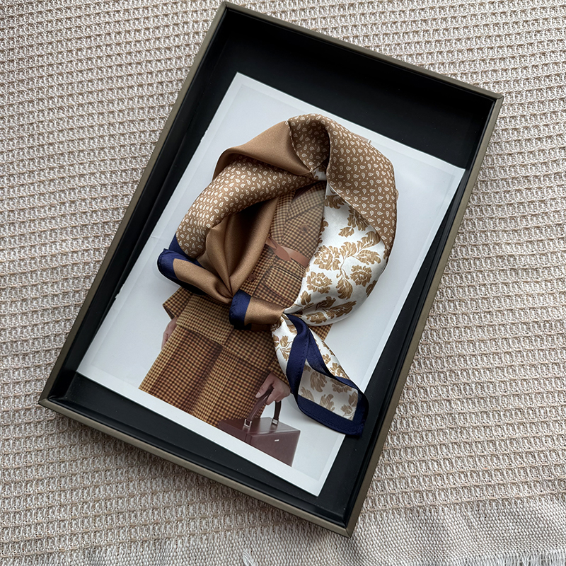 Brown Cashew Flower Silk Scarf for Women, Lightweight 100% Mulberry Silk, 53Cm Small Square Neck Scarf for Summer