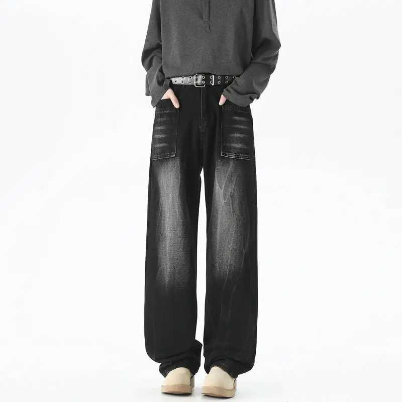 Mens Baggy Soft Casual Pants Gray Autumn Fashion Versatile Comfortable Stretch Straight Leg Jeans Male High Street Retro Jeans D260320