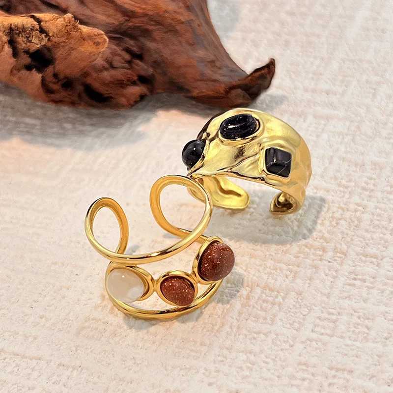 Stainless Steel Inlay Brown Oval Stones Rings for Women Men Classic Vintage Wide Chunky Opening Rings Banquet Jewelry H260320 - view 3