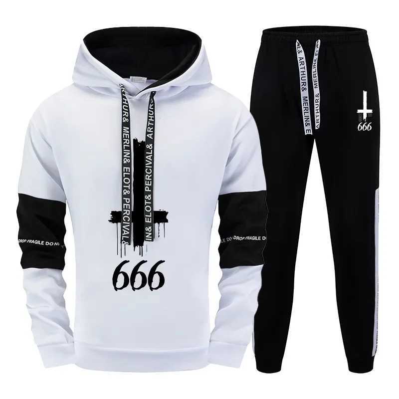 Mens Hooded Sweatshirts Sweatpants Satan Inverted Cross Hoodies Streetwear Male Autumn Winter Daily Casual Sports Jogging Suit M260320