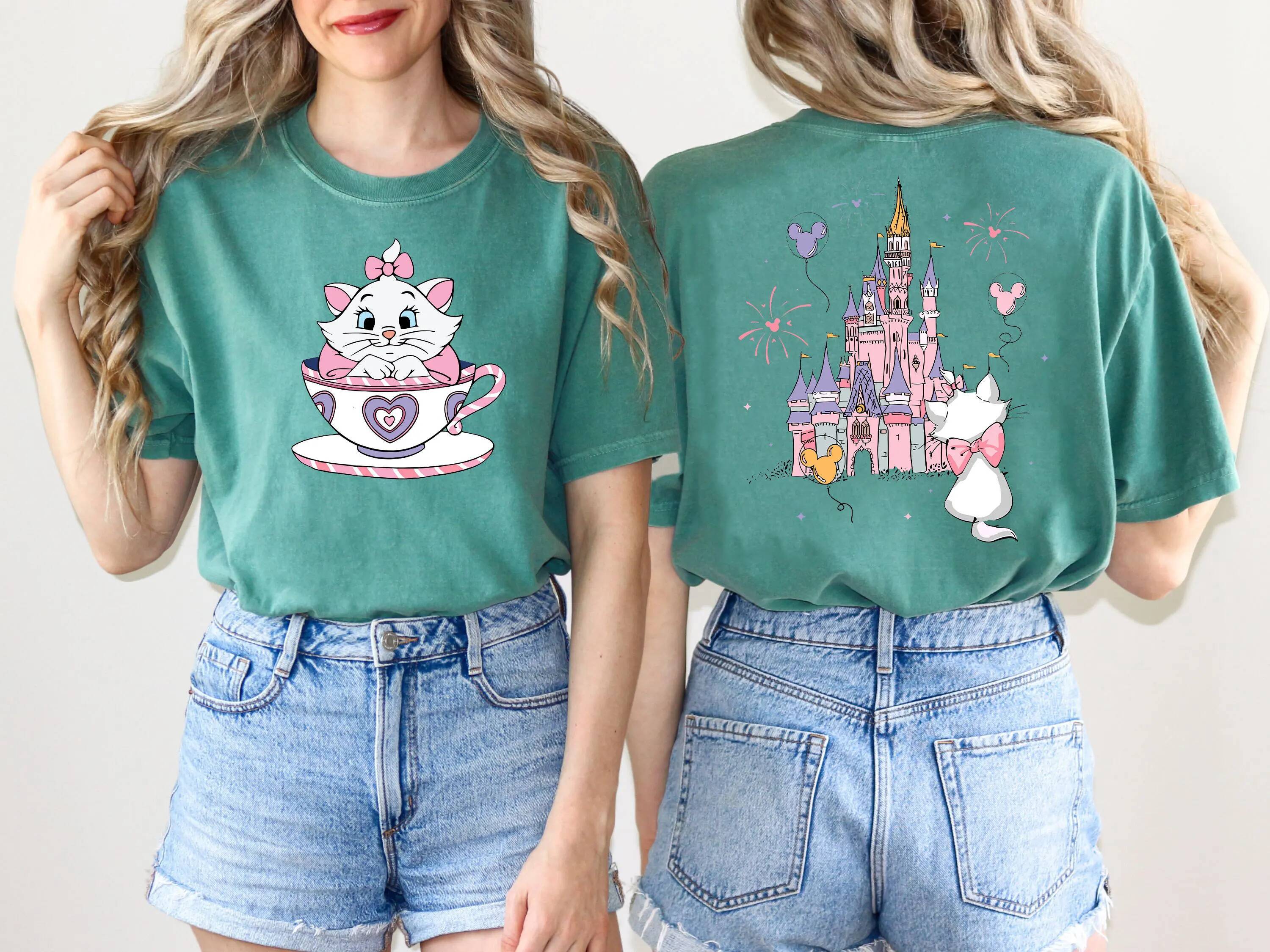 2025 Disney The Aristocats Mary Cat Crazy Teacup Party Shirt Magic Kingdom Family Sports Short Sleeve Women's Casual Fashion Top