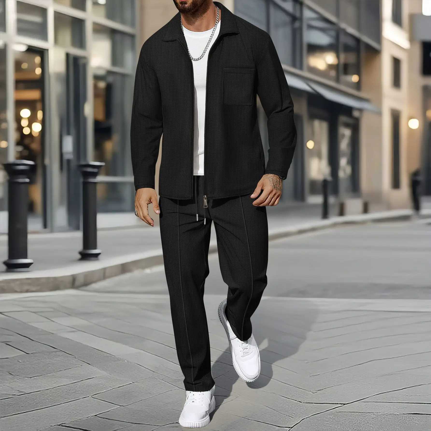 Mens Business Casual Two-Piece Set Spring Autumn Waffle Zippered Shirt Coat And Trousers Trendy Fashionable Outfit M260320