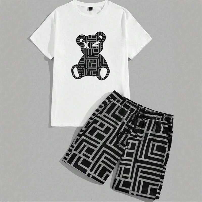 2026 Summer Casual Fashionable Breathable Sports Loose-Fit Quick-Dry Men's Short-Sleeve Hip-Hop Bear Print Set