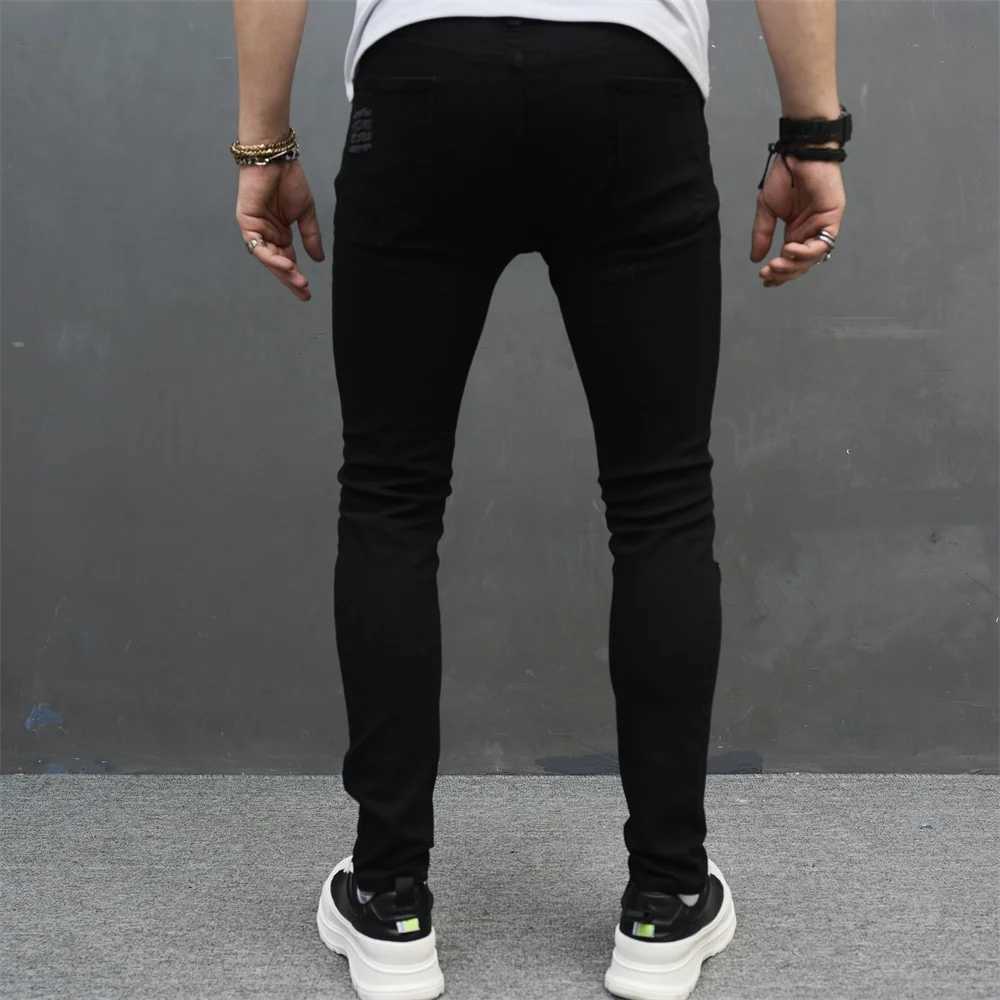 Men Simple Solid Holes High Street Stretch Skinny Jeans Pants Male Distressed Slim Pencil Jogging Denim Trousers D260320