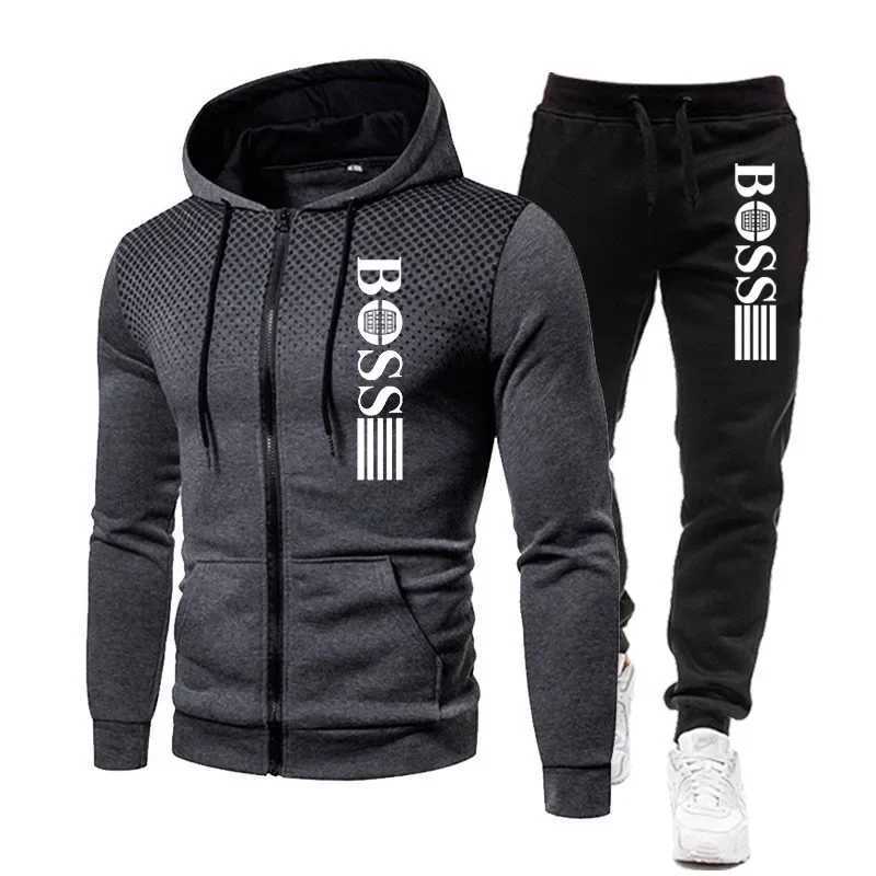 2026 New Mens zippered hoodie Casual Pants Set for Autumn and Winter fashion Fitness and Warm sportswear Two-piece set M260320