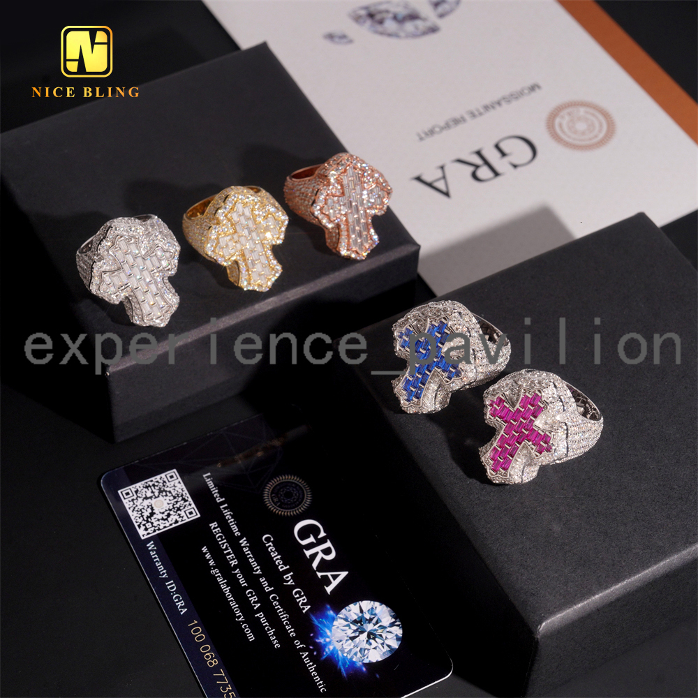 Baguette Iced Out Cross Shape Hip Hop Rapper Jewelry Ring Ruby Sapphire Full With VVS Moissanite Diamond 925 Silver Men Ring