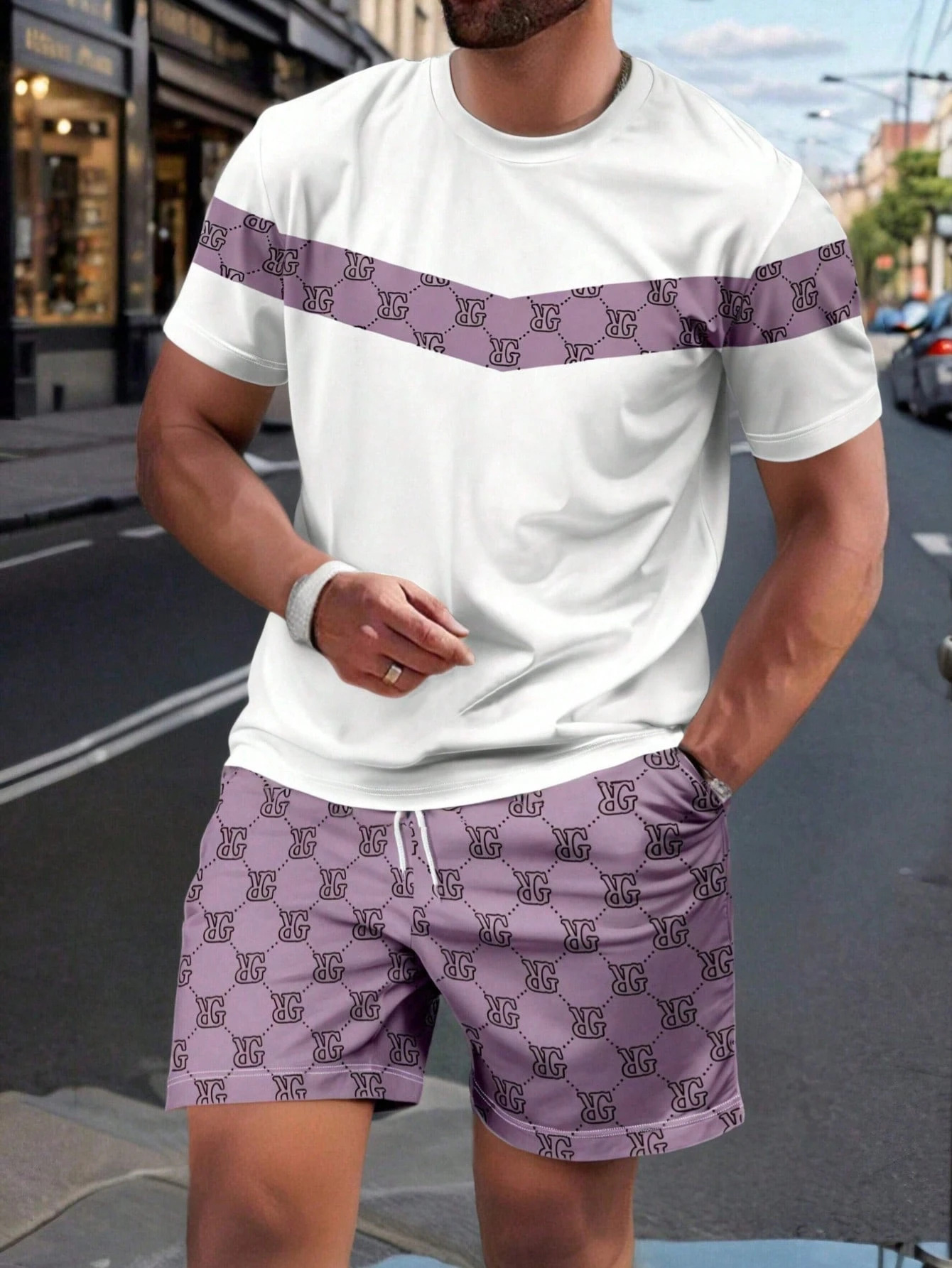 Luxury Brand Designer Clothes Factory Direct Spring/Summer New Men's Casual Sports Suit With Gradient Color Pattern, Short-Sleeve Shirt And Short - view 4