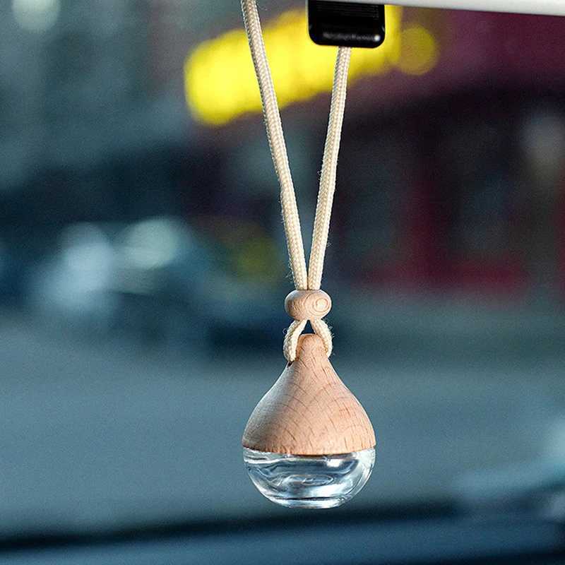 6ML Empty Car Air Freshener Pendant Perfume Glass Bottle With Wooden Caps Refillable Car Essential Oil Diffuser Bottle H260319
