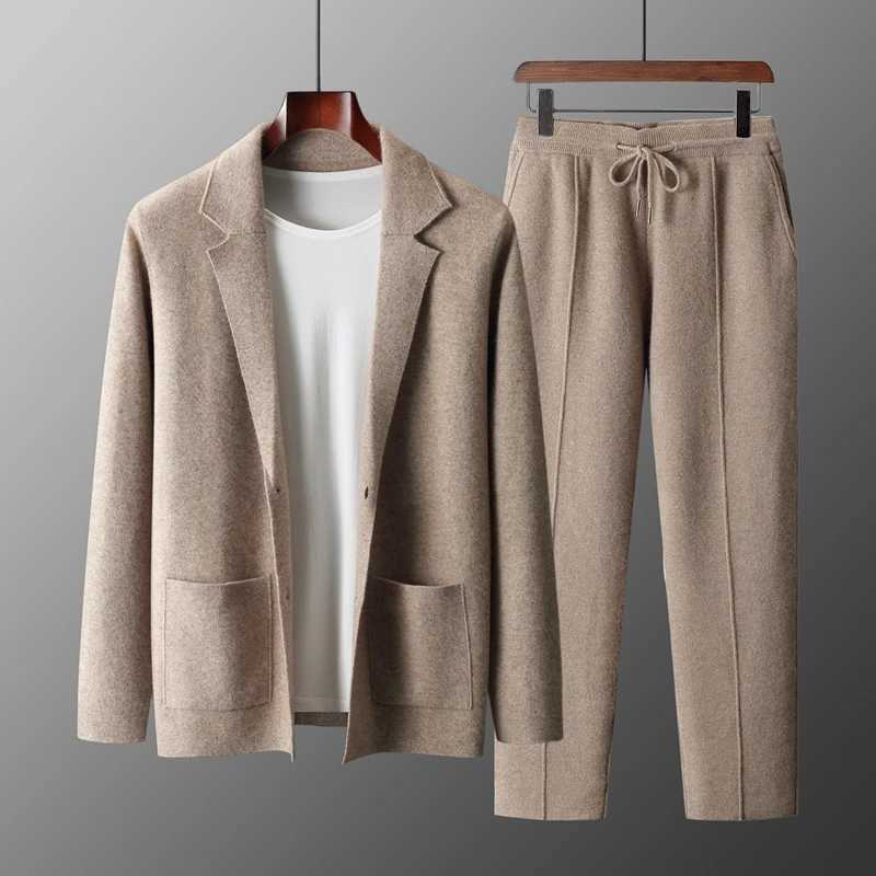 100 Merino Wool Sweater Mens Suit Collar Cardigan Pants Set Smart Casual Knitwear Autumn Winter Solid Coat Top Knit Trousers M260320